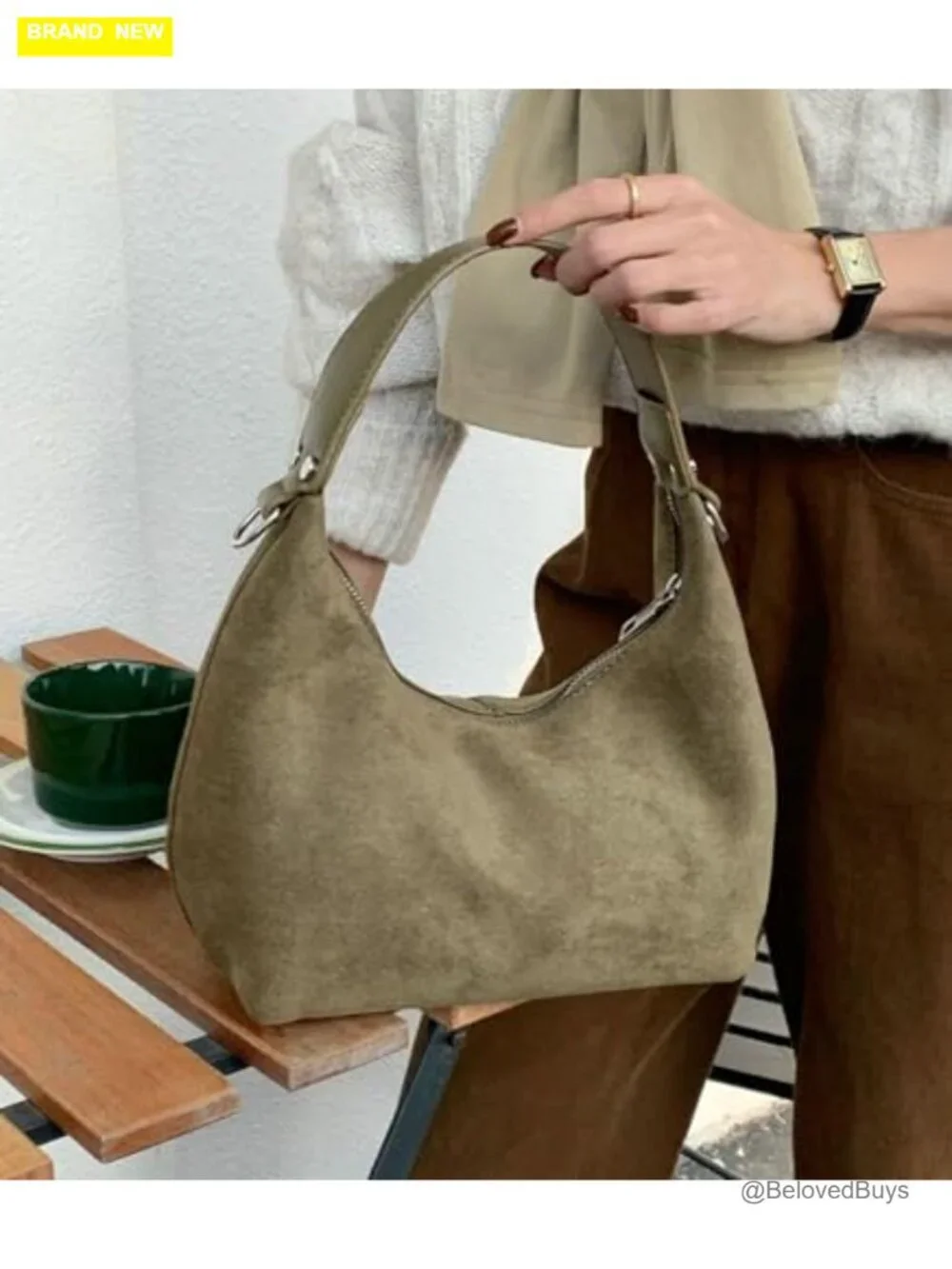 Vintage Suede Crescent Bag Slouchy Hobo Shoulder Tote Purse for Women